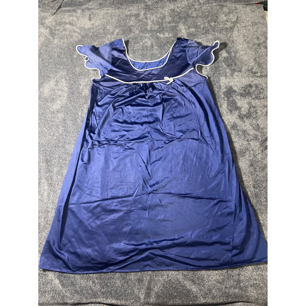 Vintage Lorraine Blue Nylon Nightgown Flutter Sleeve Bow Accent Large 0063